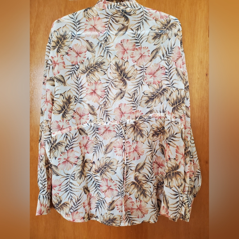 Simon Chang XL Tropical Print Sheer Long Sleeve Blouse w button cuffs & tie back - Picture 8 of 9